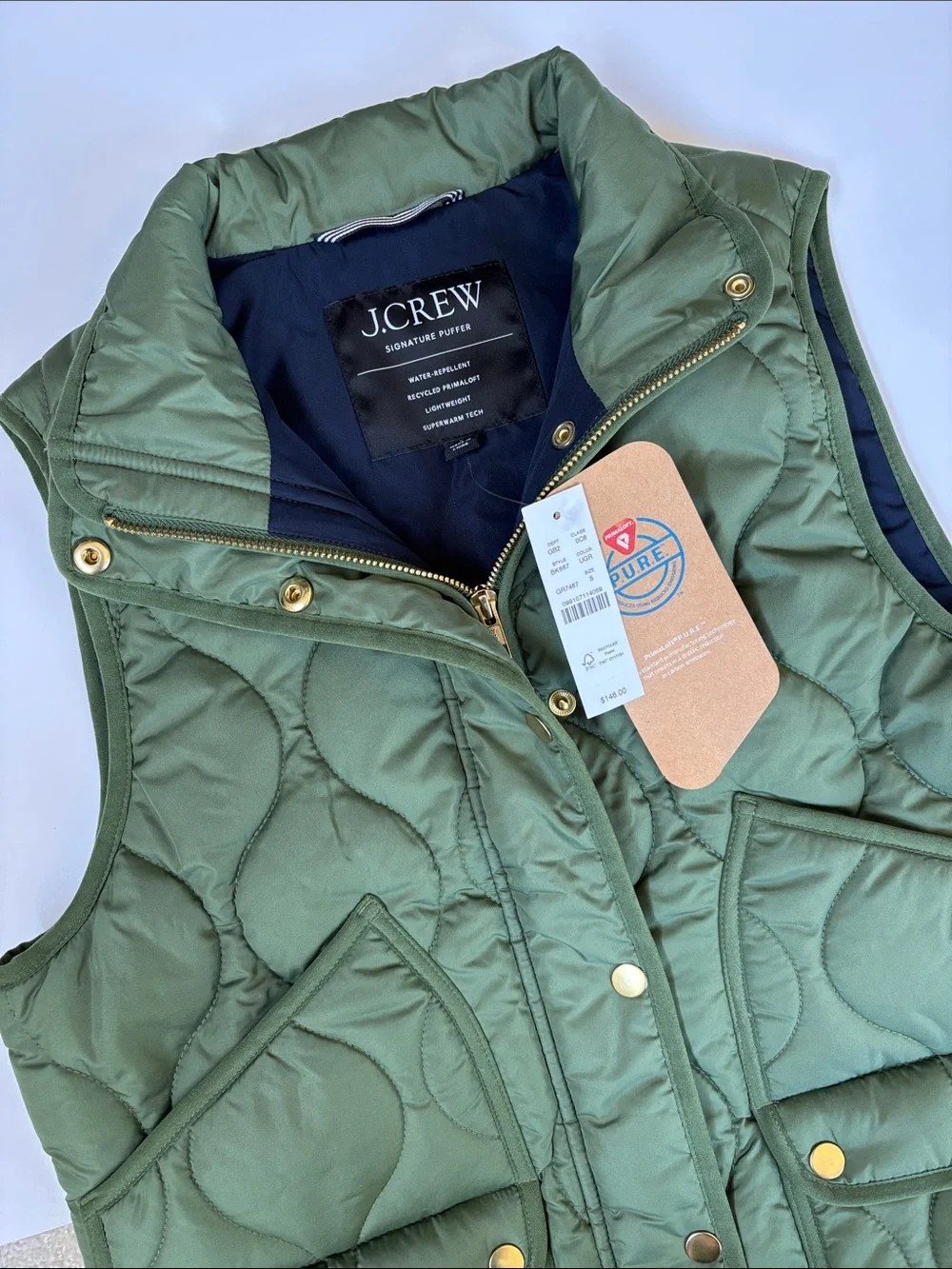 J Crew Green Primaloft Puffer Zip Snap‎ Vest Women’s Small $148